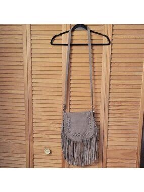 Vimoda Paris Taupe Suede Split Leather Western Fringe Boho Festival CrossbodyBag